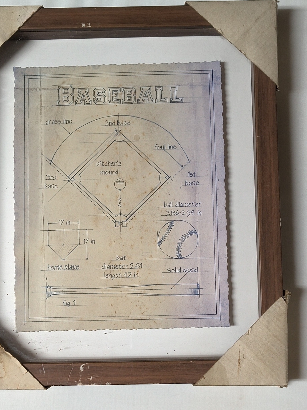 Framed Baseball Blueprint Wall Art Brown Frame ALL ABOUT THE GAME Picture Decor